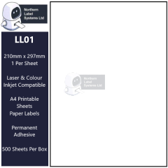 LL01 A4 Labels, 1 Label Per Sheet, 210mm x 297mm, DPS01 Equivalent, 500 Sheets per box