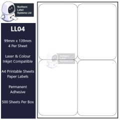 LL04 A4 Labels 4 Labels Per Sheet - 99.1mm x 139mm, L7169 Equivalent, 500 Sheets per box