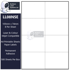 LL08NSE A4 Labels 8 Labels Per Sheet, 105mm x 74mm, DPS08 Equivalent, 500 Sheets per box.